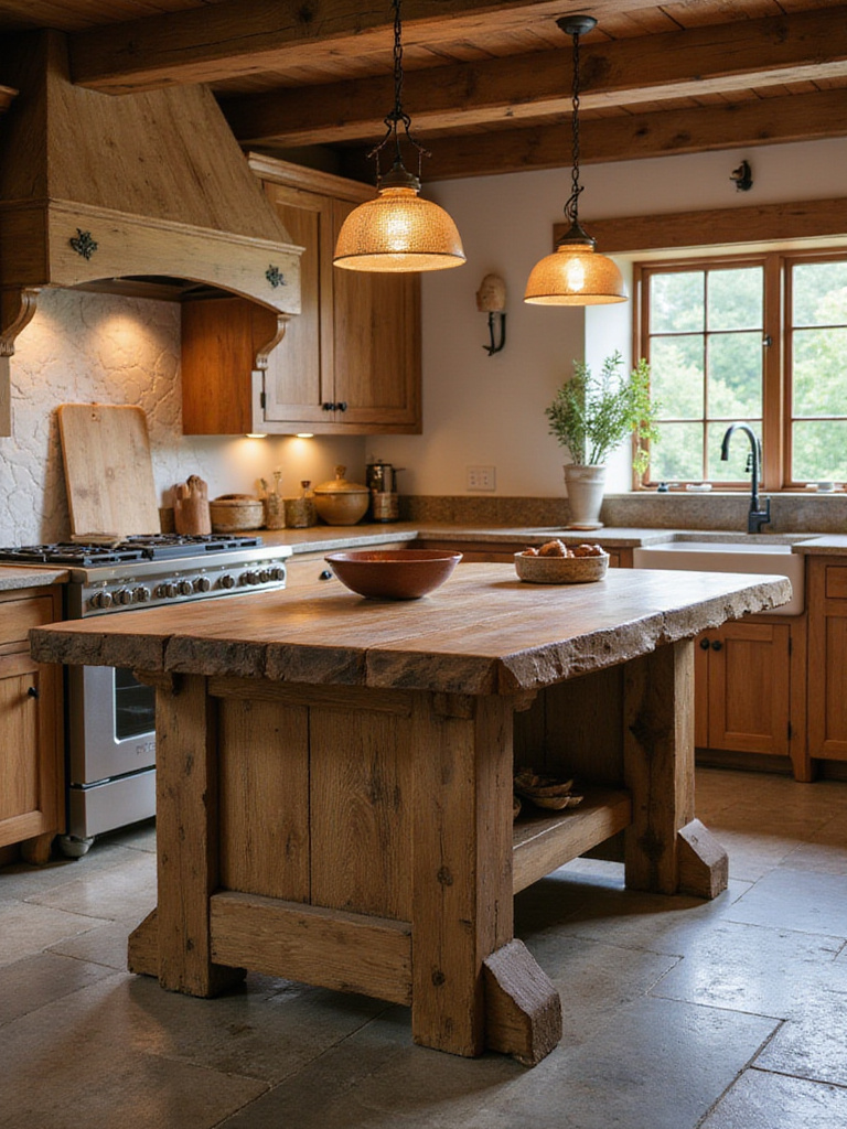 A large, chunky solid wood island serves as the centerpiece of a warm rustic kitchen, featuring natural wood textures and simple, sturdy design.
