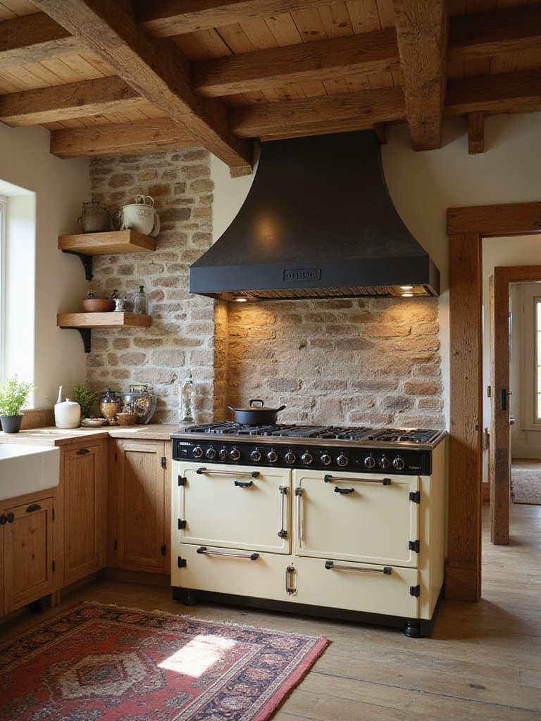 A rustic kitchen featuring a cream-colored freestanding range as the central focal point, surrounded by wood beams, stone backsplash, and simple wooden cabinets.