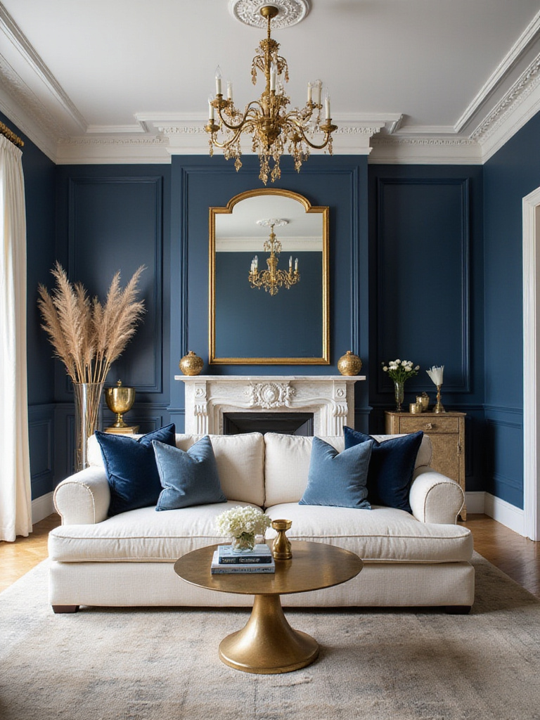 Luxurious living room interior design featuring a rich navy blue, white, and gold color palette.