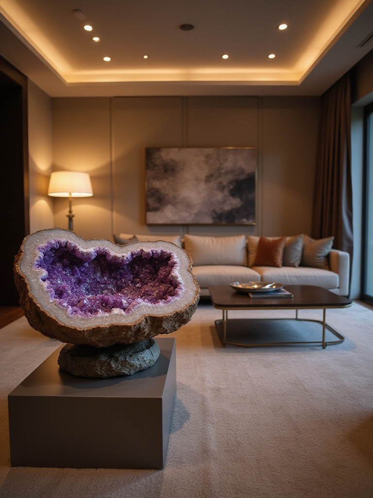 Luxury living room featuring a geode crystal conversation starter.