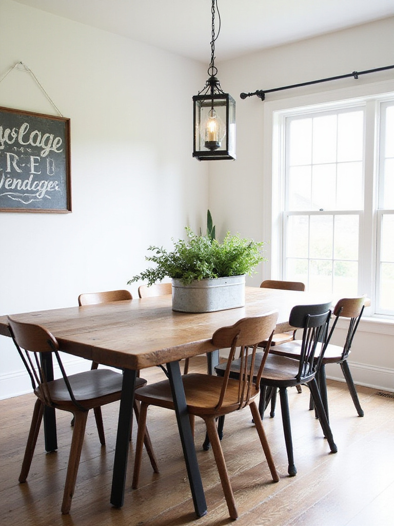 Farmhouse dining room with metal accents, including a wrought iron chandelier and galvanized metal planter.