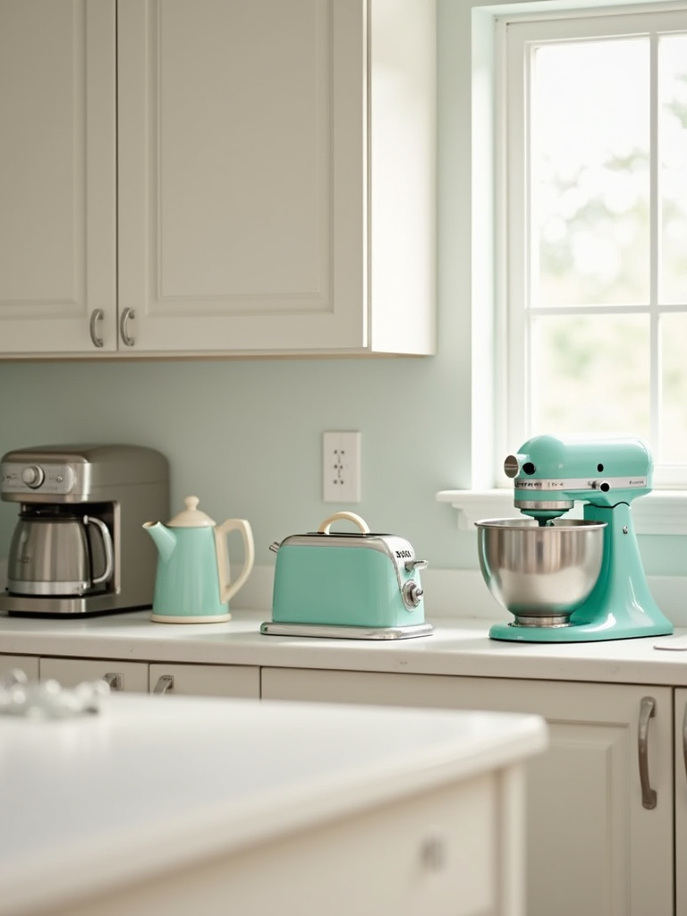 Stylish kitchen countertop with colorful retro toaster and kettle, stainless steel coffee maker, and a bright stand mixer used as decorative accents.