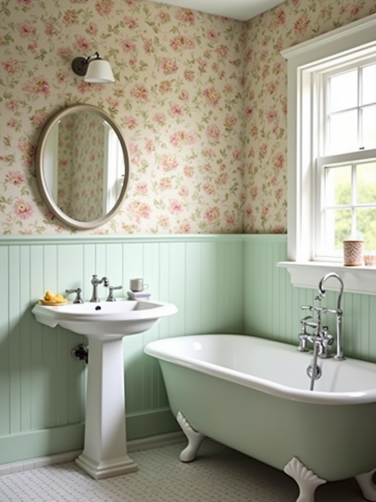 Budget-friendly vintage bathroom featuring an accent wall with affordable floral wallpaper, a pedestal sink, and vintage-inspired accessories.