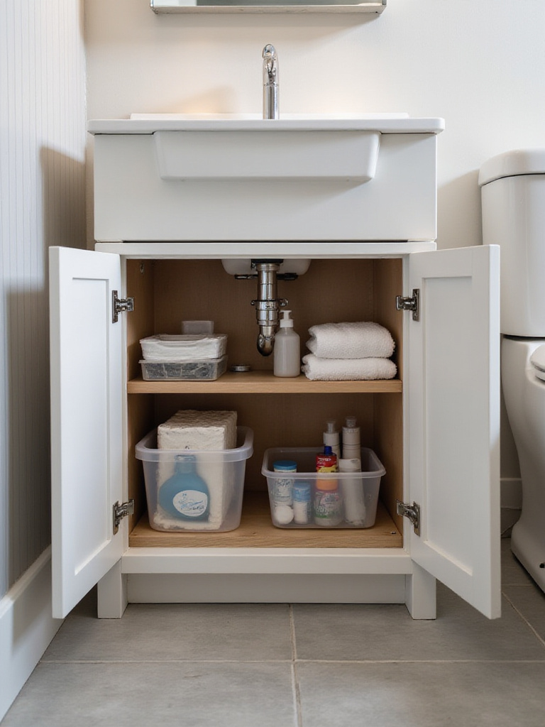Open vanity cabinet in a small bathroom showing clever under-sink storage ideas, including pull-out drawers and tiered shelves organized around plumbing pipes to maximize space.