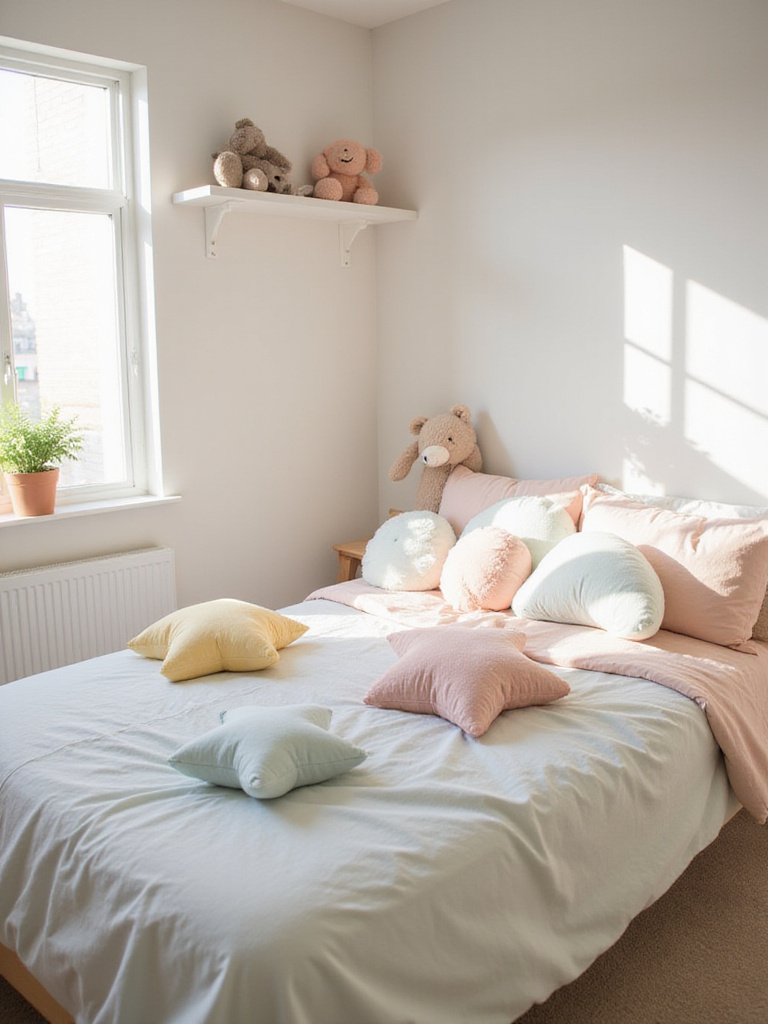 Cute bedroom decor featuring plush pillows and stuffed animals on a pastel-colored bed.