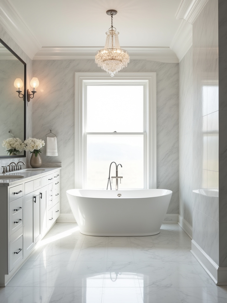 Modern bathroom with freestanding tub and crystal chandelier
