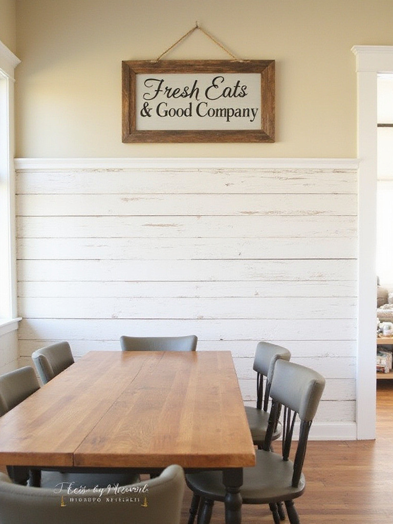 Farmhouse dining room with shiplap accent wall and vintage "Fresh Eats & Good Company" sign.
