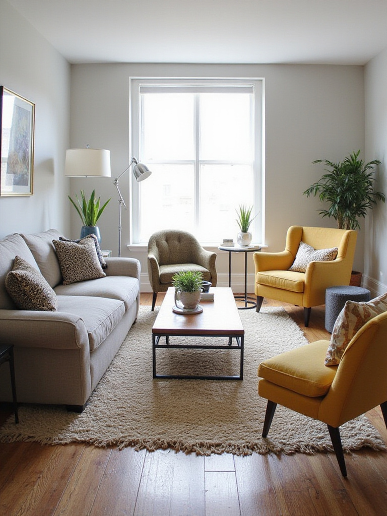 Stylish living room layout featuring a sofa, coffee table, and two different accent chairs adding color and extra seating.