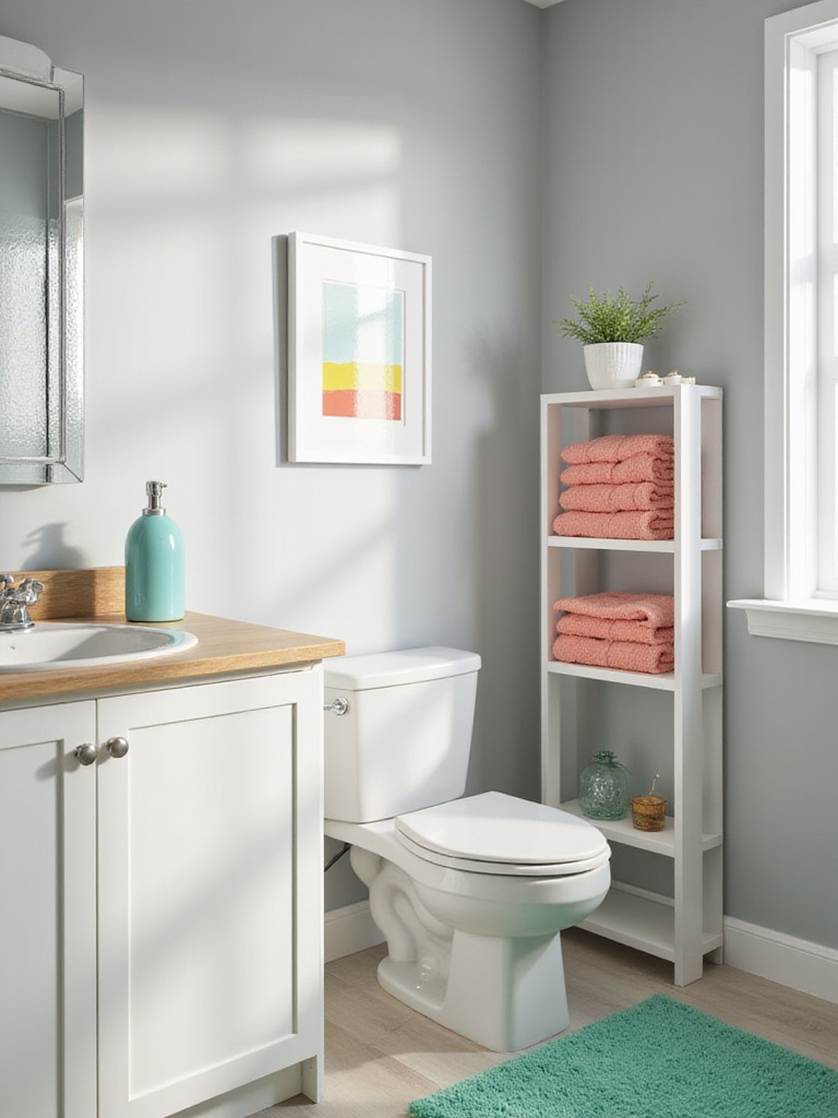Modern bathroom with neutral walls and white vanity, featuring colorful accessories including teal soap dispenser, coral towels, abstract art, and a green bath mat, adding personality and visual interest.