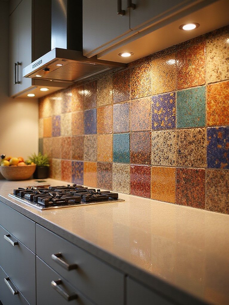 Stunning kitchen with a colorful statement backsplash showcasing intricate patterns and textures.
