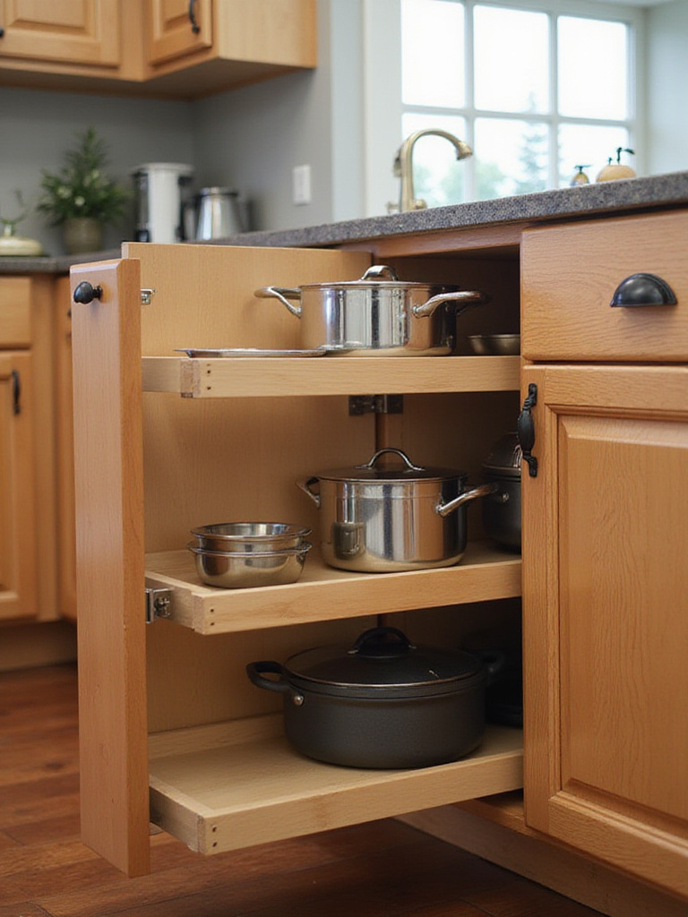 Organized kitchen cabinet with pull-out shelves displaying pots and pans.
