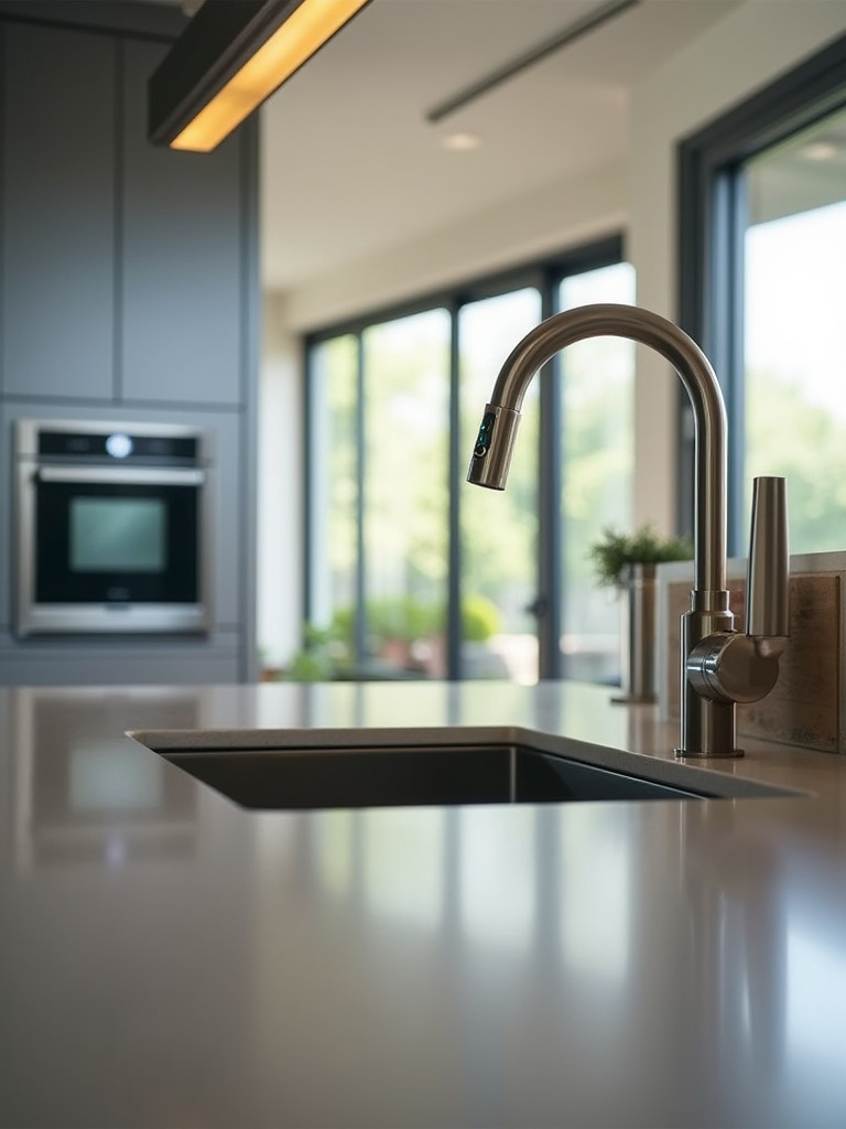 Modern kitchen showcasing smart technology features including a smart oven and smart faucet