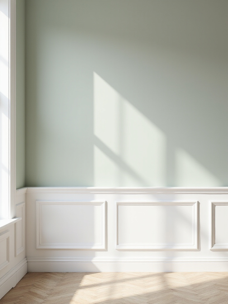 Classic living room wall with white raised panel wainscoting and chair rail trim, adding architectural detail.