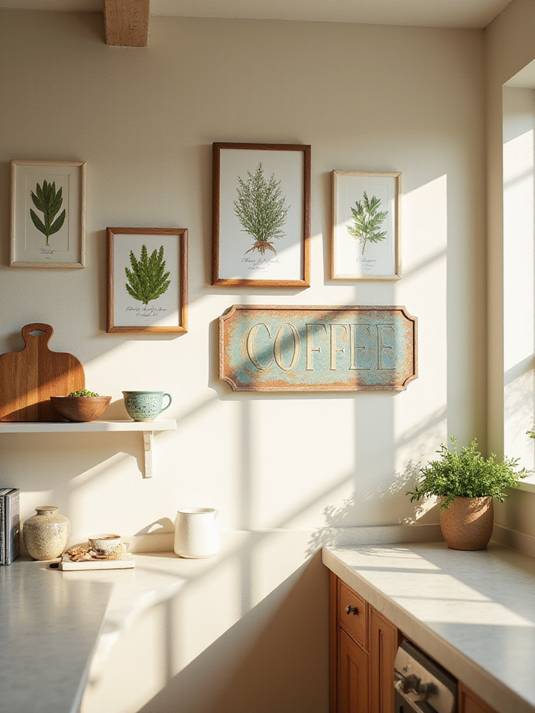 Kitchen wall decorated with framed culinary prints, a vintage metal sign, and open shelving displaying ceramics and a cookbook, adding personality to the space.