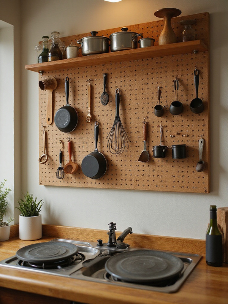 Organized pegboard with kitchen tools and cookware in a small kitchen