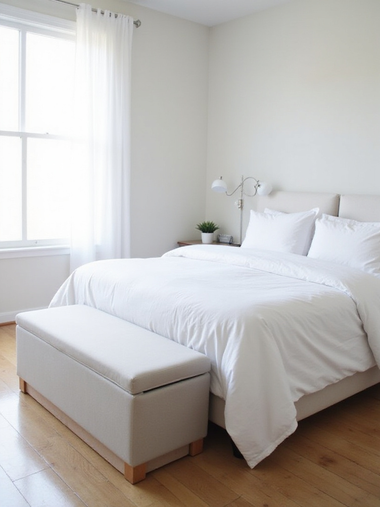 Small bedroom with upholstered storage bench at the foot of the bed.