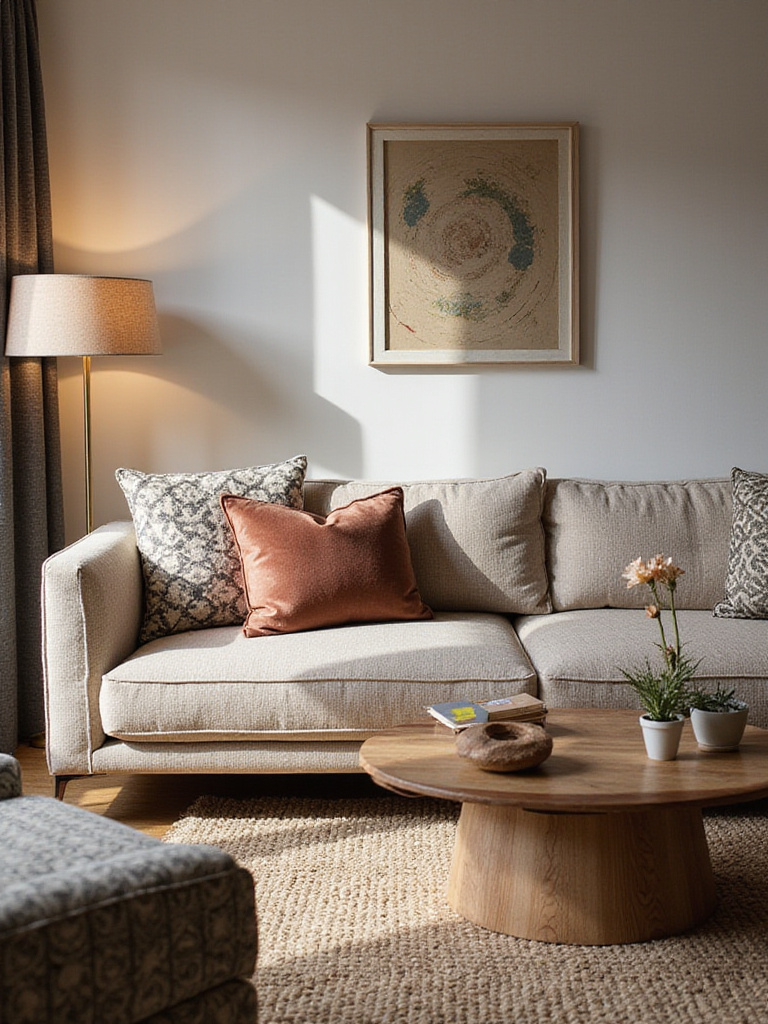 A contemporary living room featuring a mix of textures and patterns in furniture and textiles, including a textured sofa, patterned pillows, a natural fiber rug, and a wooden coffee table, illustrating how texture and pattern add depth and visual interest to a space.