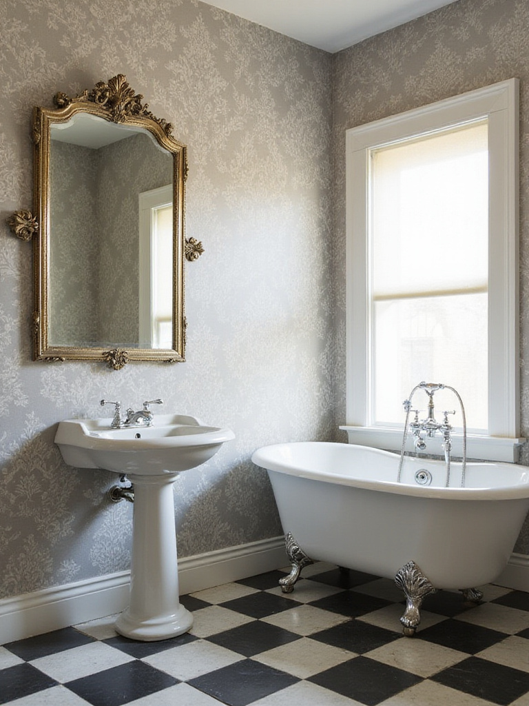 Elegant vintage bathroom featuring grey damask wallpaper, a white pedestal sink, and a clawfoot tub, creating a classic and sophisticated look.