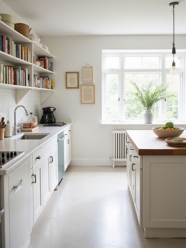 Bright kitchen with personalized decor, open shelving, and framed recipes