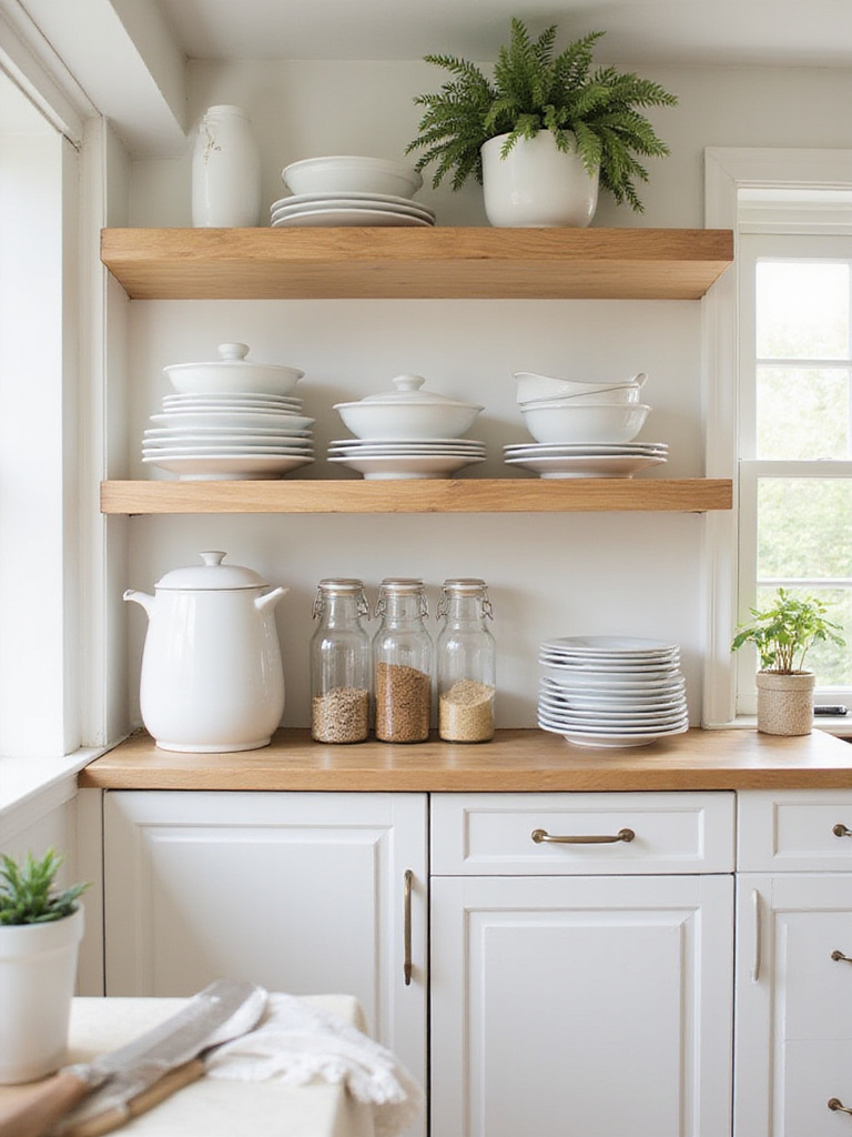 Modern farmhouse kitchen with light wood open shelving displaying dishes, spices, and herbs.