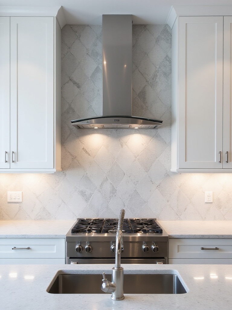 Modern kitchen featuring a striking geometric pattern tile backsplash behind the range and sink, adding personality and visual interest to the space with its unique design.