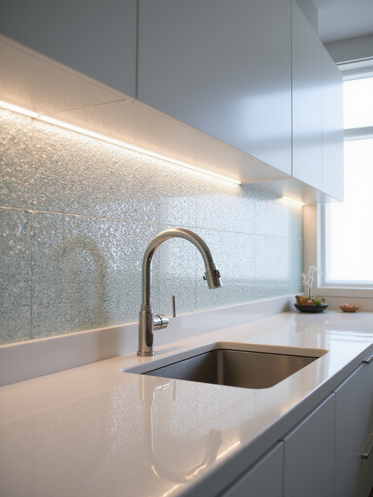 Modern kitchen backsplash featuring shimmering glass tiles that add sparkle and depth, illuminated by under-cabinet lighting.