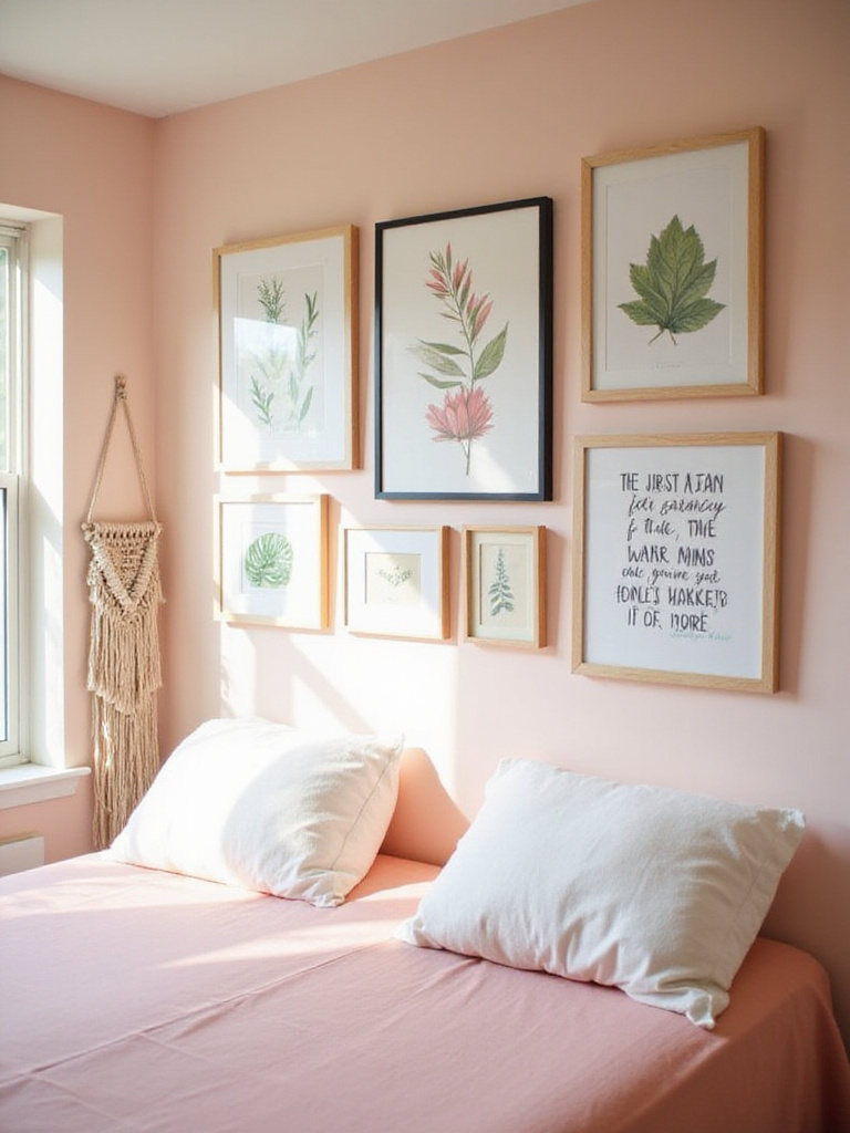 Cute bedroom decor featuring a gallery wall with framed prints and a macrame wall hanging.