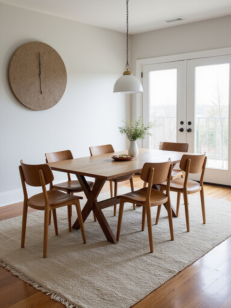 A properly sized, low-pile, stain-resistant area rug anchoring a dining area, chosen for pet-friendly durability and ease of cleaning.
