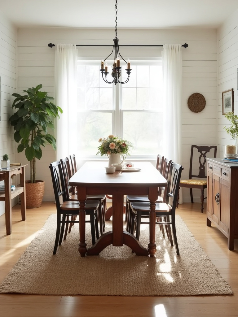 Farmhouse dining room with jute rug under wooden table and chairs