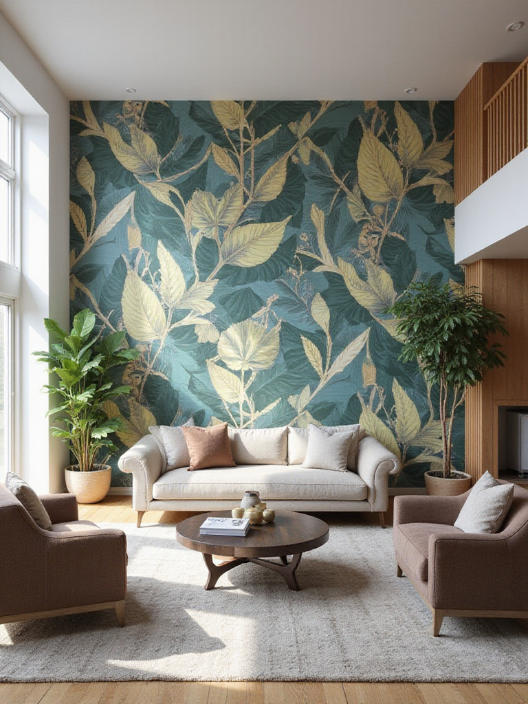 Modern living room with bold patterned wallpaper accent wall behind sofa, creating a vibrant focal point.