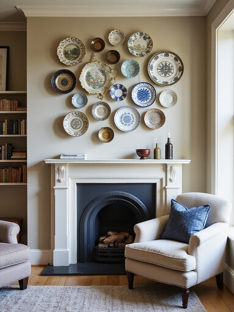 Creative arrangement of decorative plates on a living room wall above a fireplace mantel, adding unique texture and color.