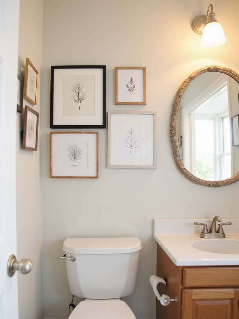 A stylish budget bathroom featuring a gallery wall with mixed framed art pieces above the toilet and along the wall, adding color and personality to the space.