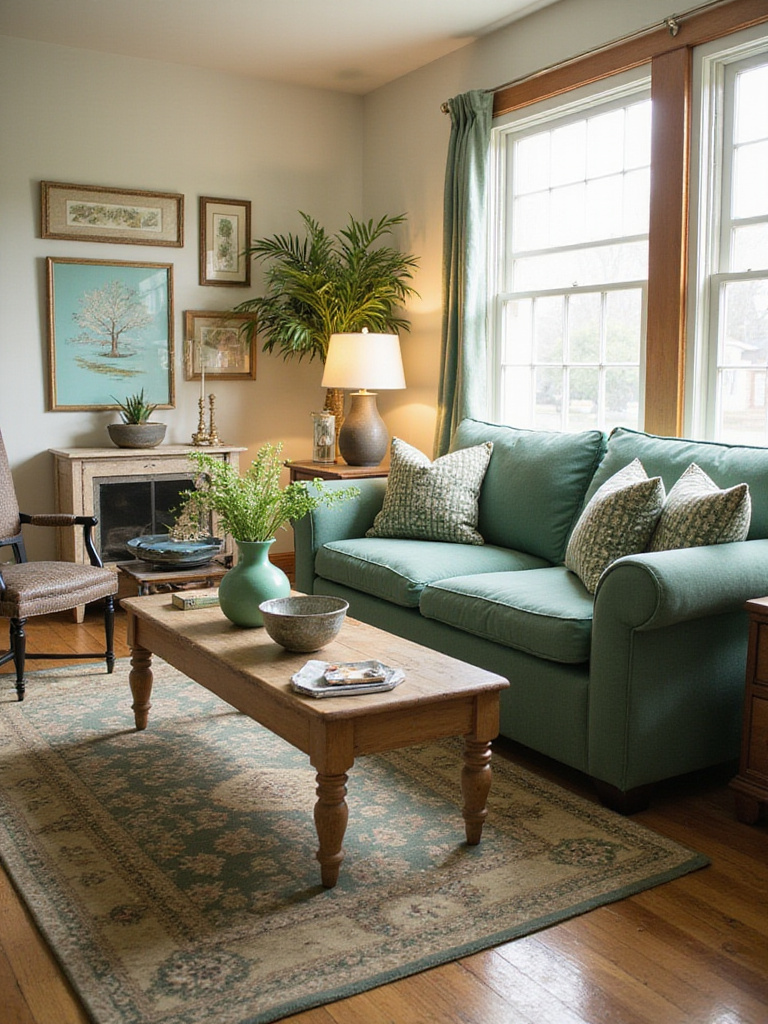 An eclectic living room where a unifying color or texture ties together diverse furniture styles and decor items, creating a harmonious and balanced space.