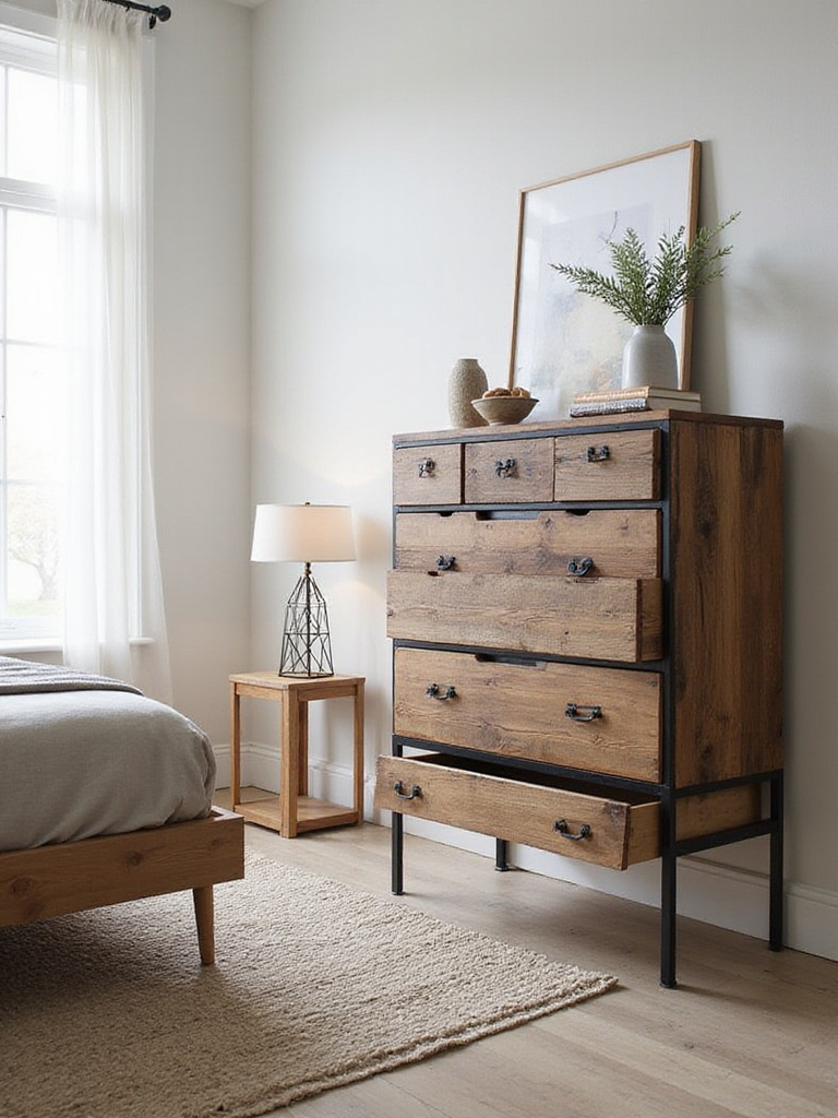 Modern bedroom featuring a unique chest of drawers made from reclaimed wood and metal.