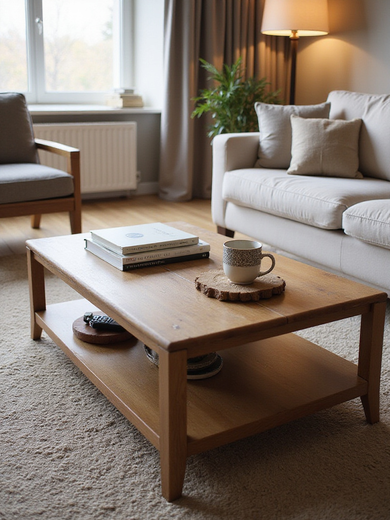 Stylish living room featuring a wooden coffee table centered on a rug, displaying functional use with books, tray, and cup, in front of a comfortable sectional sofa.