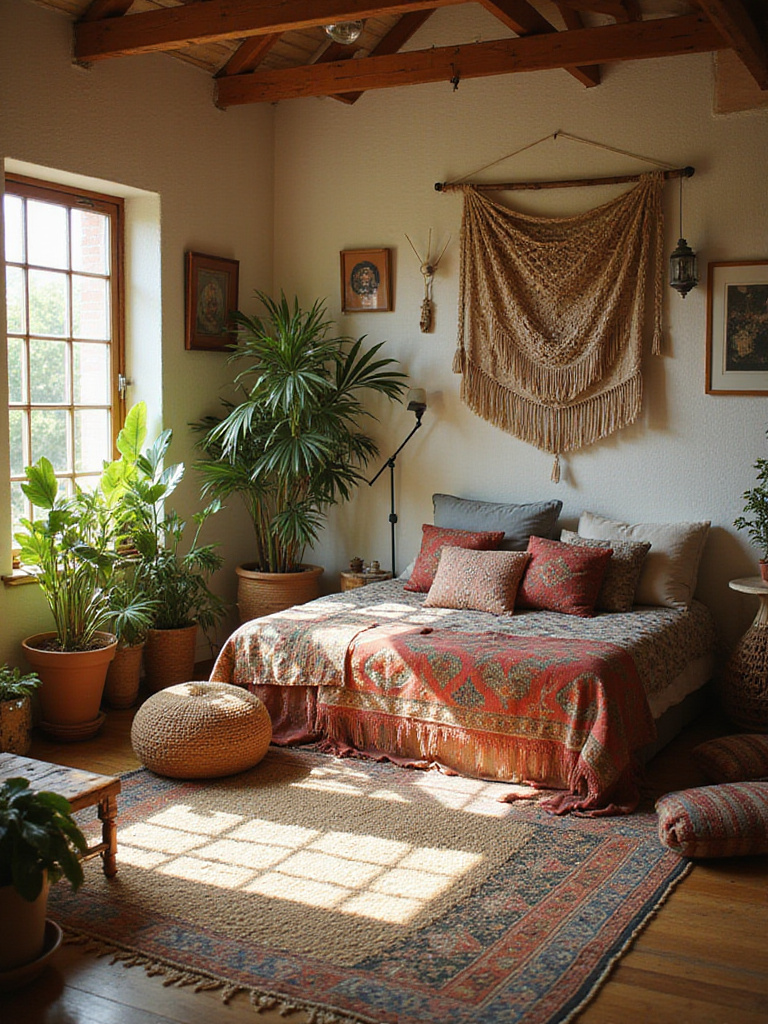 A warm and inviting bohemian bedroom featuring a low bed with layered textiles, multiple rugs on the floor, abundant green plants, rattan furniture, and walls decorated with tapestries and macrame hangings.