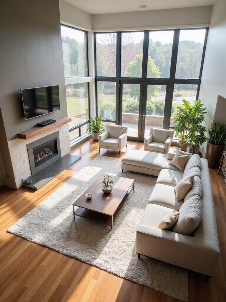 Modern living room layout featuring a large sectional sofa floated in the center of the room, anchored by an area rug, creating a defined seating zone and improving traffic flow.