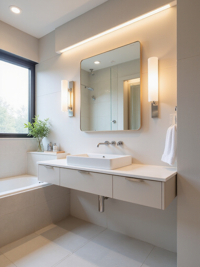 Small modern bathroom with strategic lighting, showing vanity sconces, recessed ceiling lights, and a large mirror making the space appear bright and spacious.
