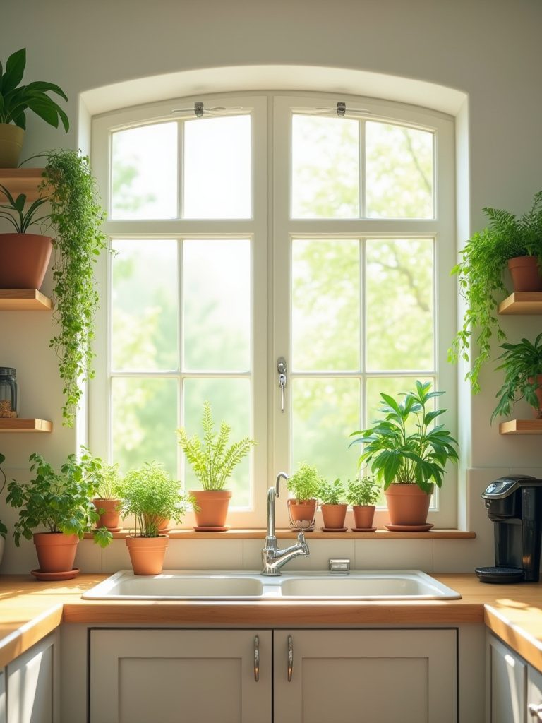 Indoor plants, including herbs on a windowsill and a trailing plant on a shelf, adding vibrant greenery to a bright kitchen interior.