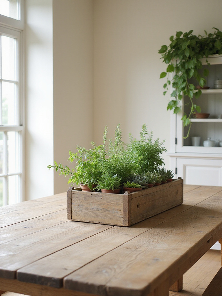 Farmhouse dining room with wooden table centerpiece filled with herbs and succulents.