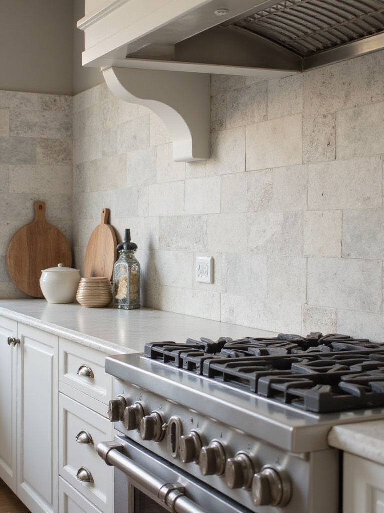 Kitchen backsplash made of natural stone, featuring unique patterns and textures, adding an earthy and elegant touch to the space.