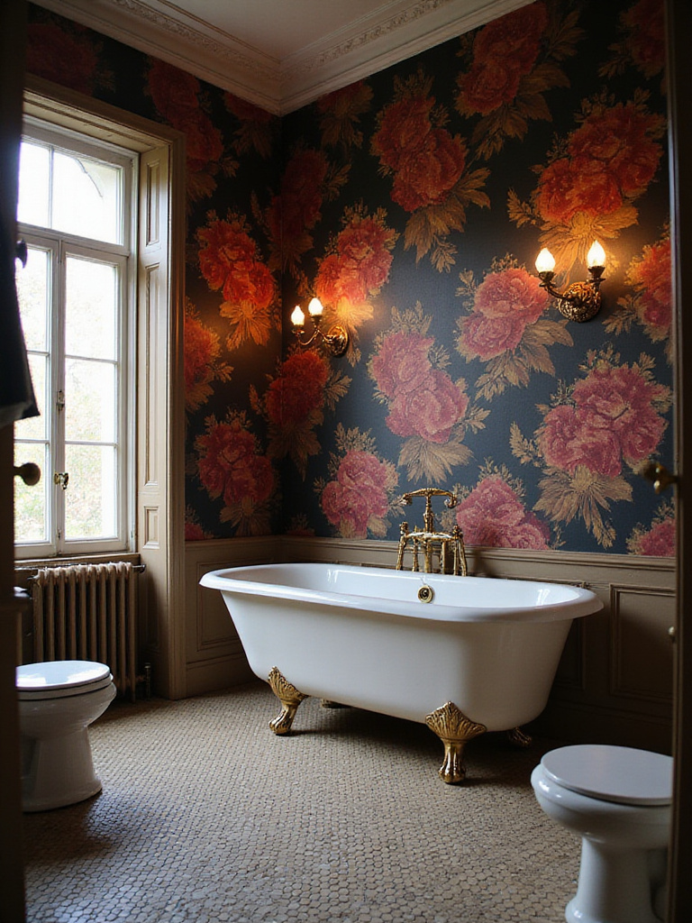 Luxurious Victorian style bathroom with deep red and gold floral wallpaper, a white clawfoot tub, and vintage fixtures.