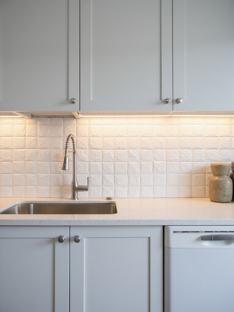 Modern kitchen backsplash featuring white peel and stick subway tiles above a countertop and sink, illuminated by under-cabinet lighting.