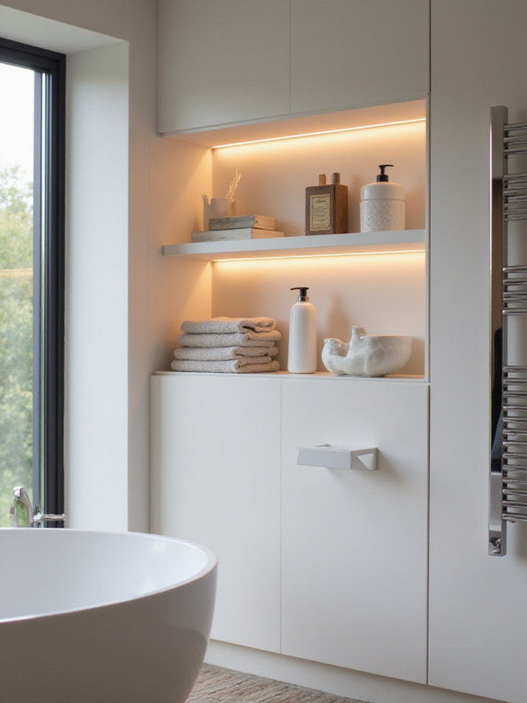 Bathroom niche with built-in LED lighting illuminating toiletries and decor