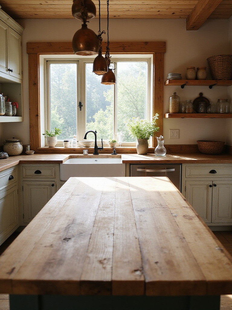 Rustic kitchen with a large island featuring a warm, oiled butcher block countertop, distressed cabinets, and a farmhouse sink.