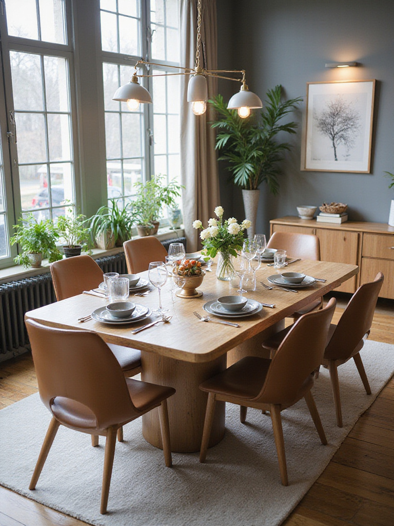 Elegant modern dining room with a beautifully set dining table and stylish chairs
