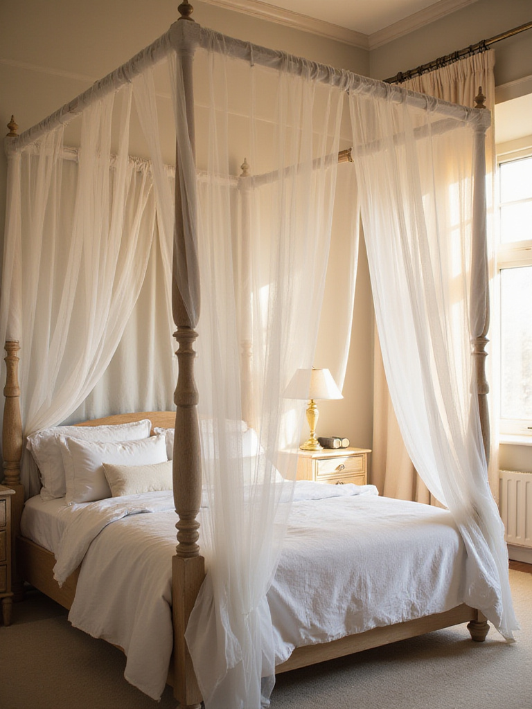 Romantic bedroom with a white linen draped canopy bed