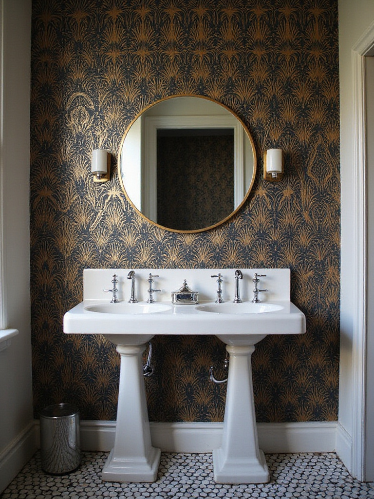 Elegant bathroom featuring vintage Art Deco wallpaper with a metallic geometric pattern, showcasing the style's luxurious and glamorous aesthetic.