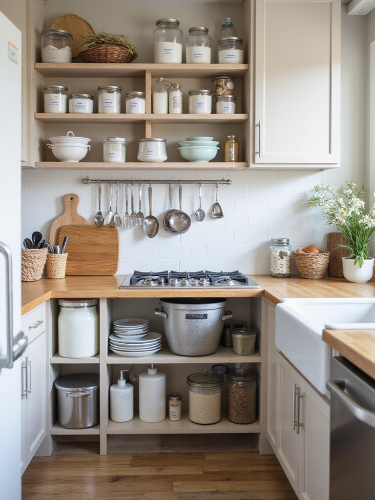 Organized small kitchen with categorized zones for efficient cooking and cleaning.