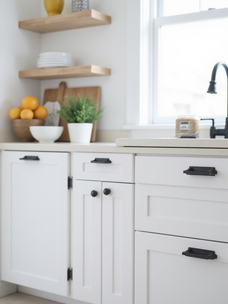 Modern kitchen with matte black cabinet hardware on white cabinetry